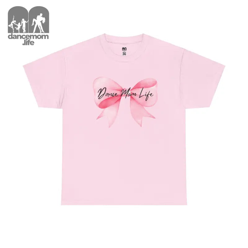 Pink t-shirt with a bow design and ’Dance Mom Life’ text.