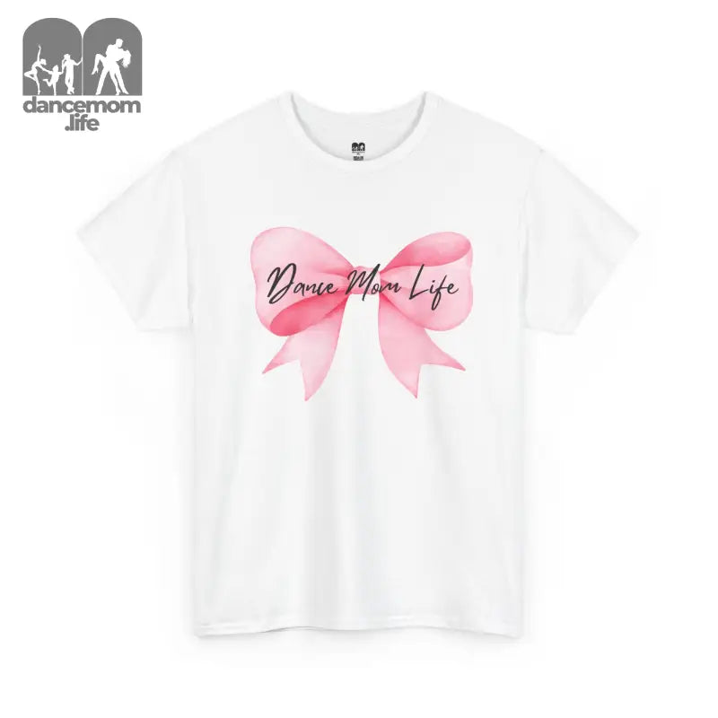 White t-shirt with a pink watercolor bow design and ’Dance Mom Life’ text.