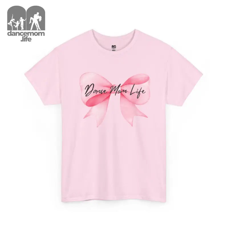 Pink t-shirt with a watercolor bow design and ’Dance Mom Life’ text.