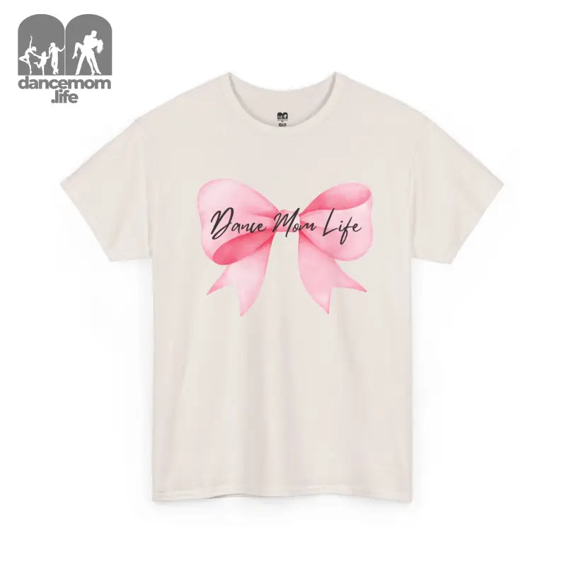 White t-shirt with a pink bow design and ’Dance Mom Life’ text.