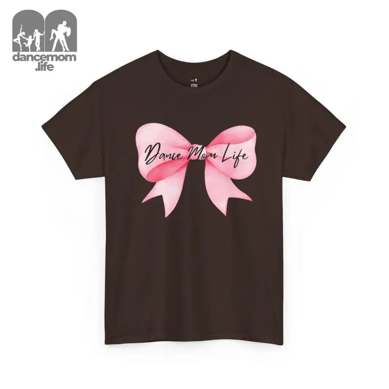 Brown t-shirt with a pink bow design and text that reads ’Dance Mom Life’