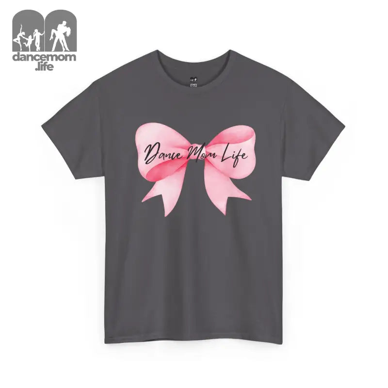 Gray t-shirt featuring a pink bow design with ’Dance Mom Life’ text.