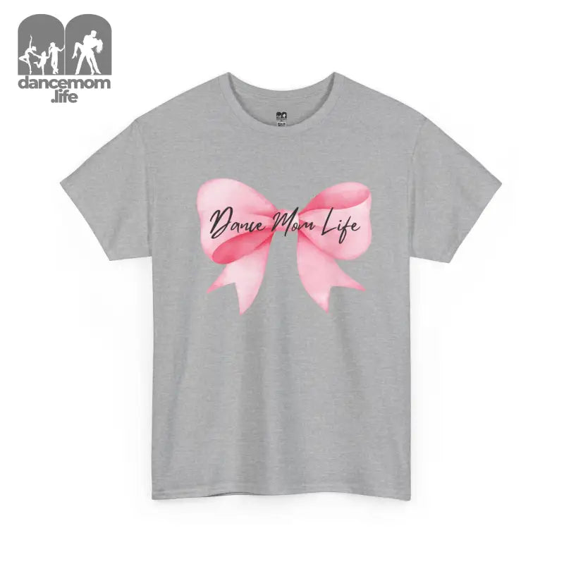 Grey t-shirt featuring a pink bow design with ’Dance Mom Life’ text.