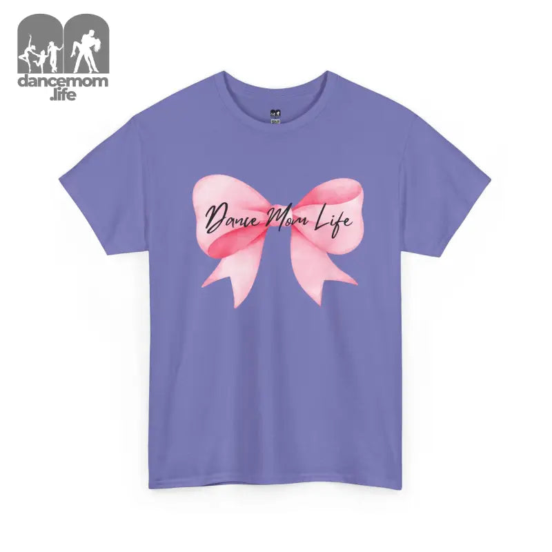 Purple t-shirt with a pink bow design and ’Dance Mom Life’ text.