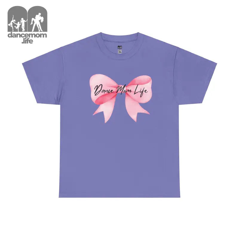 Purple t-shirt with a pink bow design and text on the front.