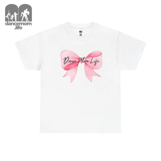 White t-shirt with a pink bow graphic and text design.