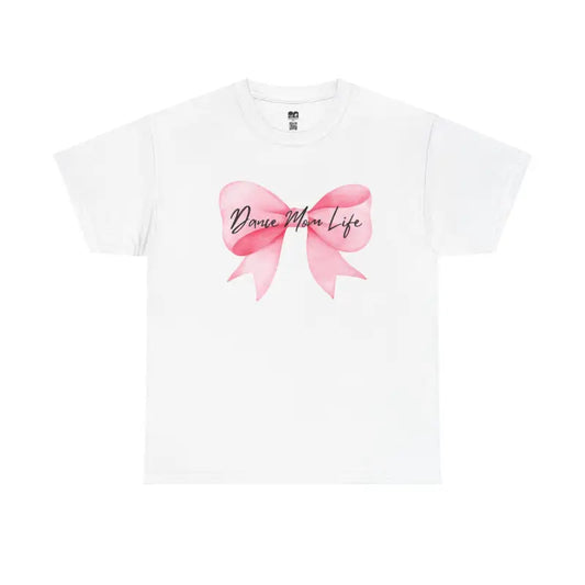 White t-shirt with a pink bow graphic and text design.