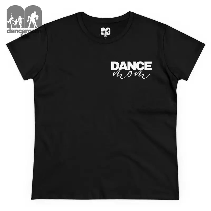 Black t-shirt with ’DANCE MOM’ text printed in white on the front.