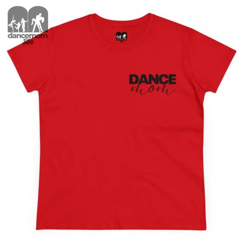 Red t-shirt with ’DANCE’ printed on the chest.