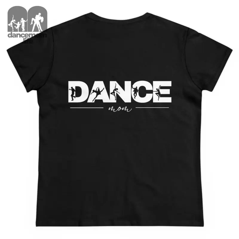 Black t-shirt with ’DANCE mom’ text printed in white letters.