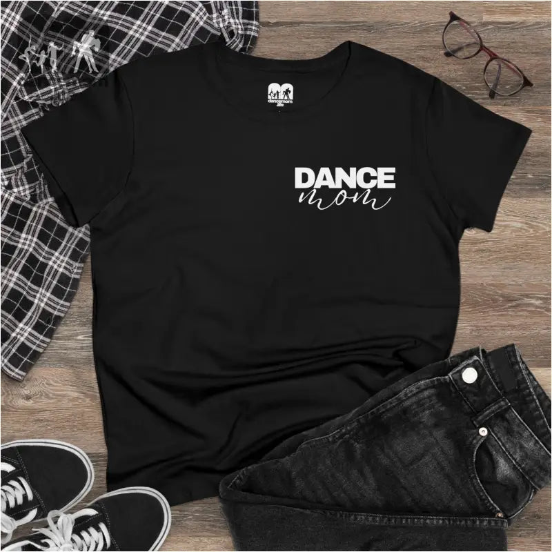 Black t-shirt with ’DANCE MOM’ text printed on it.