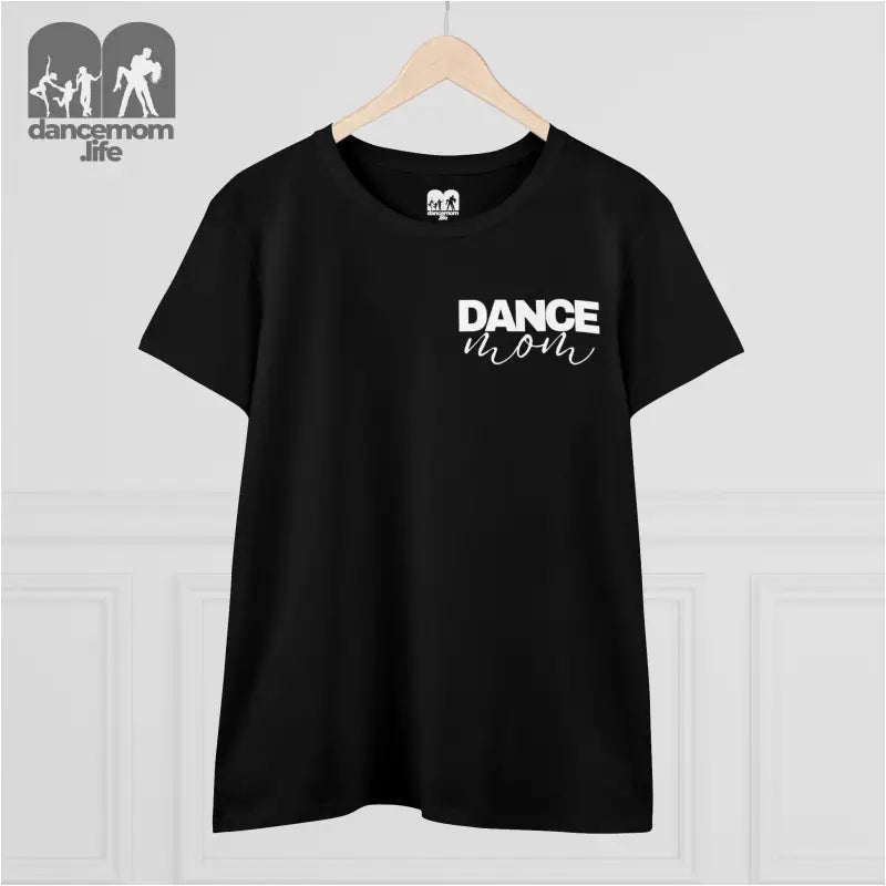 Black t-shirt with ’DANCE MOM’ text printed in white on the front.