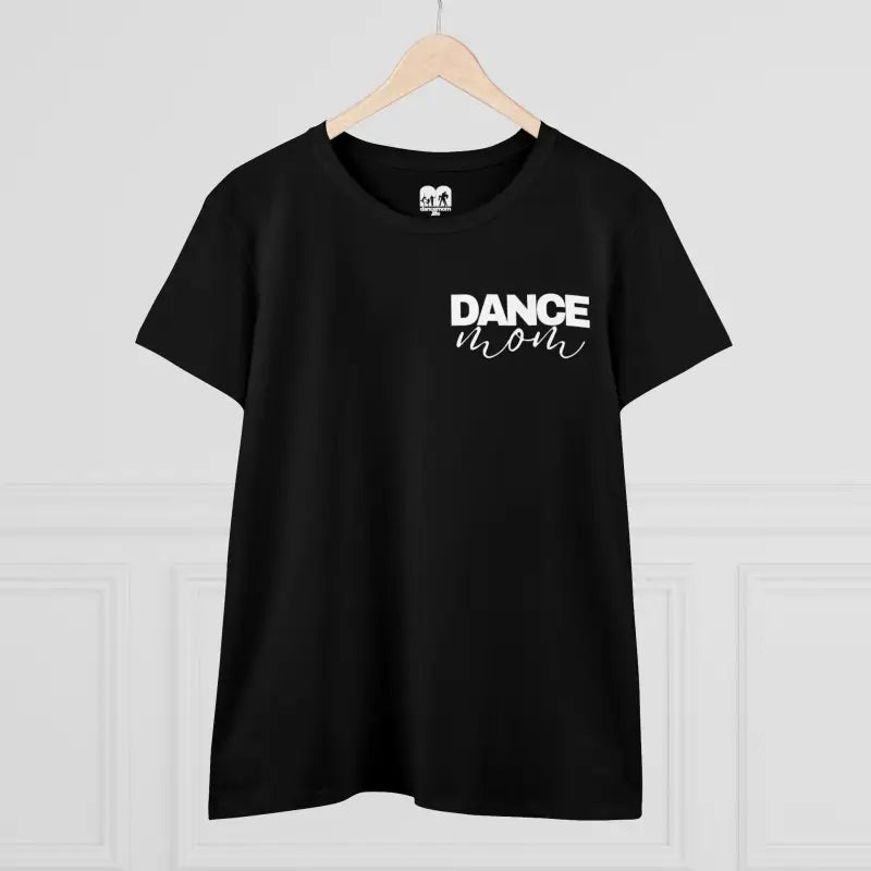 Black t-shirt with ’DANCE MOM’ text printed in white on the front.
