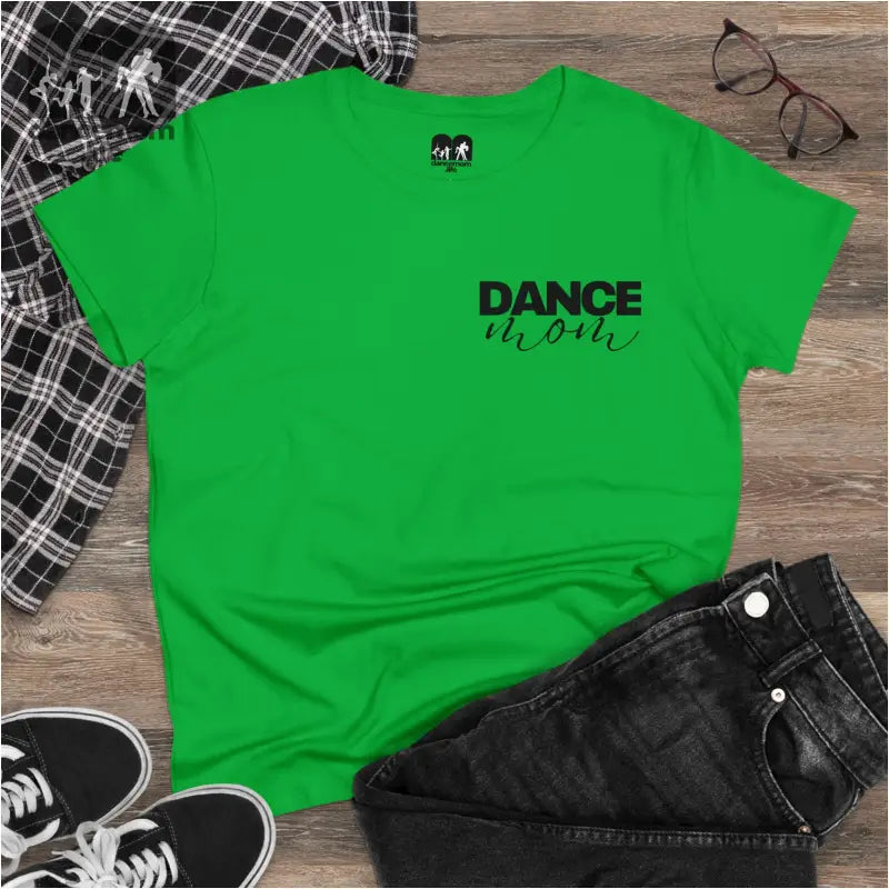 Bright green t-shirt with ’DANCE’ text printed on the front.