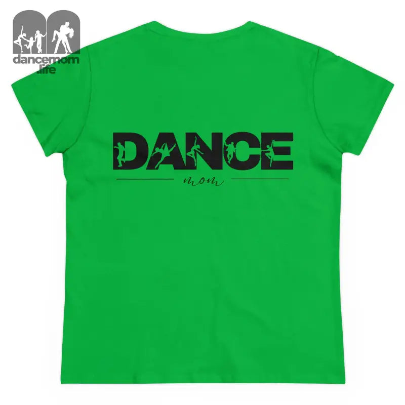 Bright green t-shirt with ’DANCE’ printed in black text across the back.