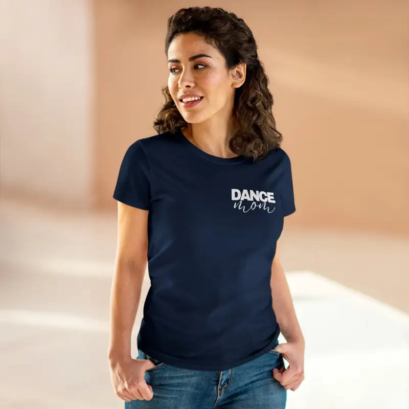 Navy blue t-shirt with ’DANCE’ printed on the chest.