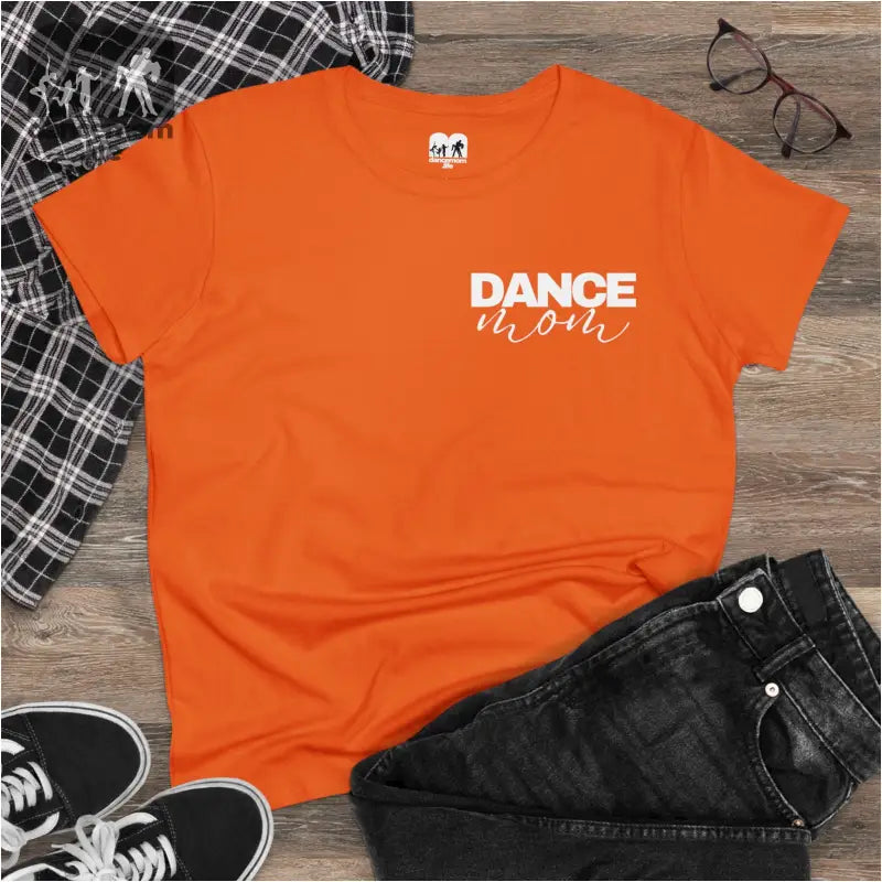 Orange t-shirt with ’DANCE MOM’ text printed in white.