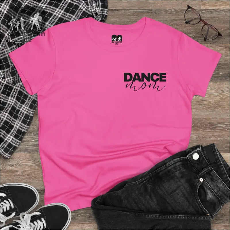 Pink t-shirt with ’DANCE MOM’ text printed on it.