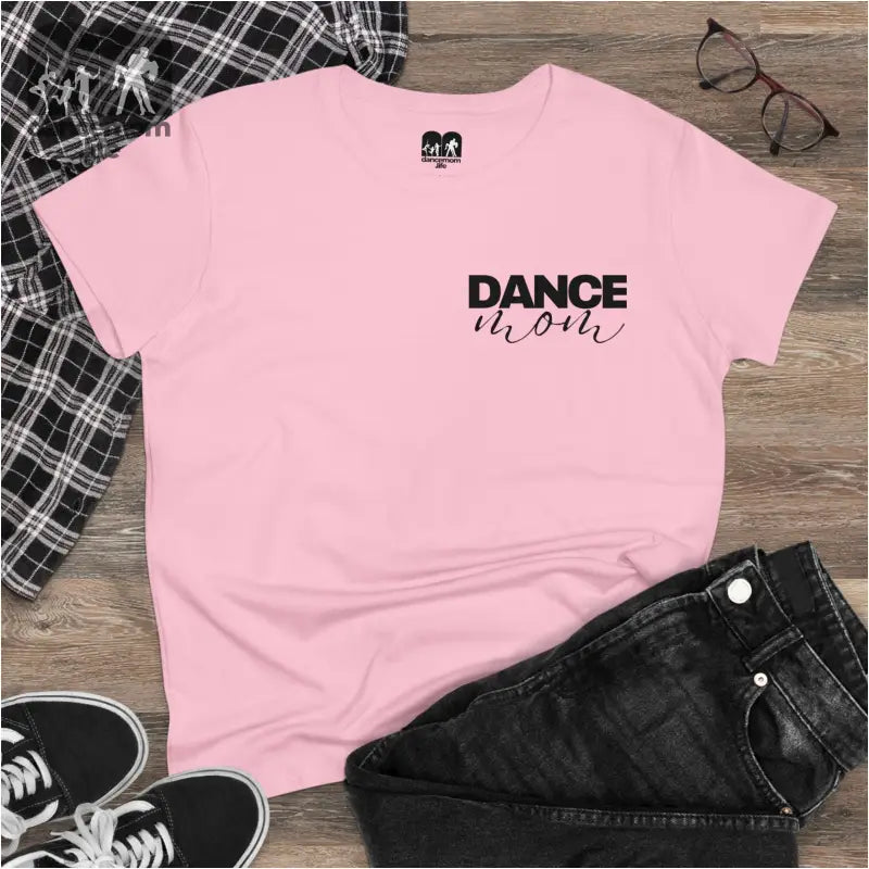 Pink t-shirt with ’DANCE MOM’ text printed on it.