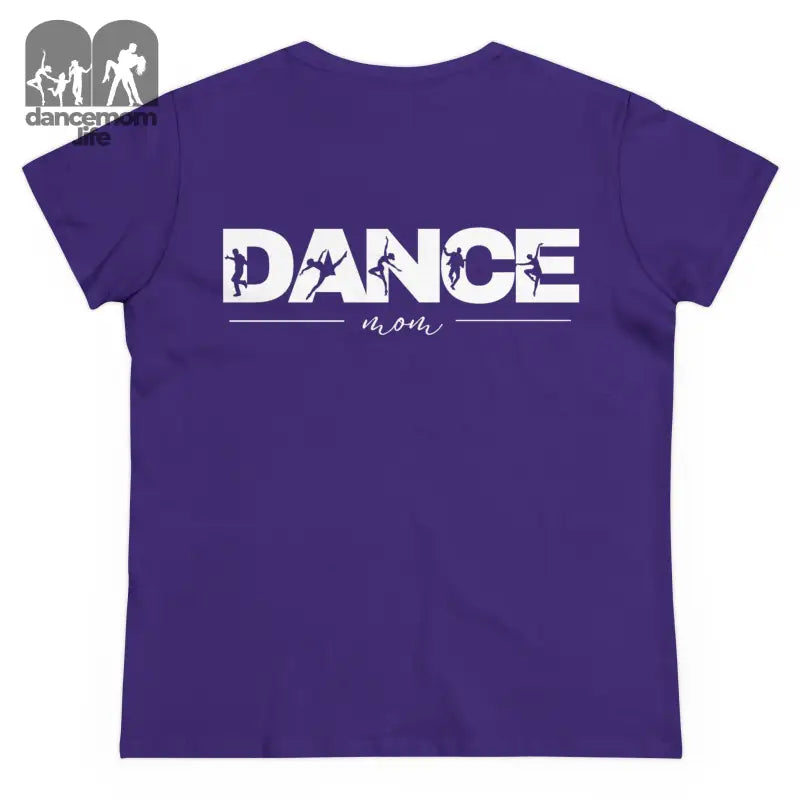 Purple t-shirt with ’DANCE mom’ text printed on the back.