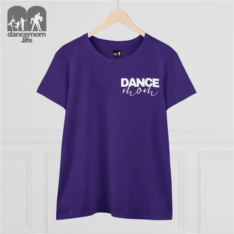 Purple t-shirt with ’DANCE’ text printed in white on the chest.