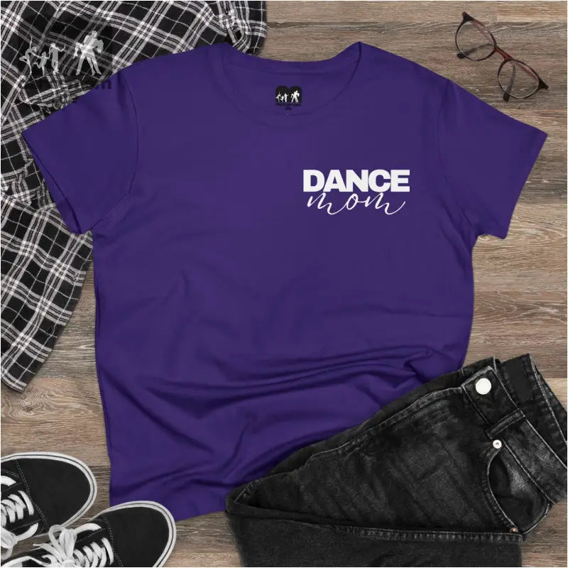 Purple t-shirt with ’DANCE MOM’ text printed on the front.