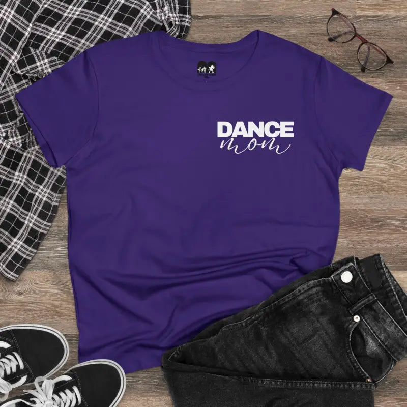 Purple t-shirt with ’DANCE MOM’ text printed on the front.