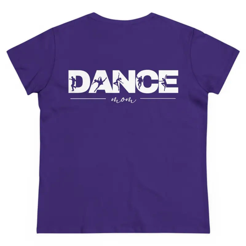 Purple t-shirt with ’DANCE mom’ text printed on the back.