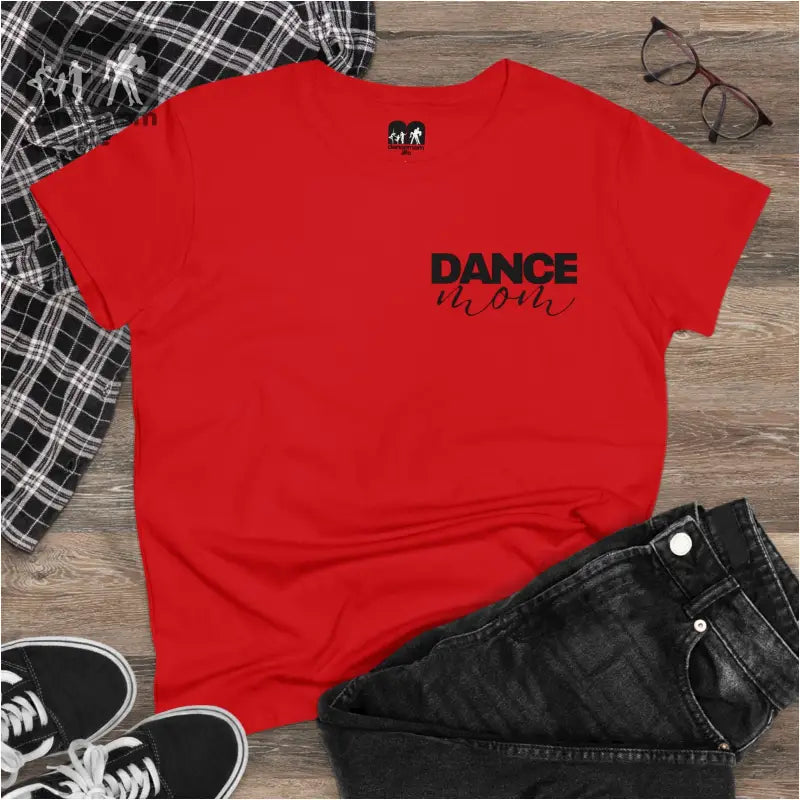 Red t-shirt with ’DANCE’ text printed on the front.