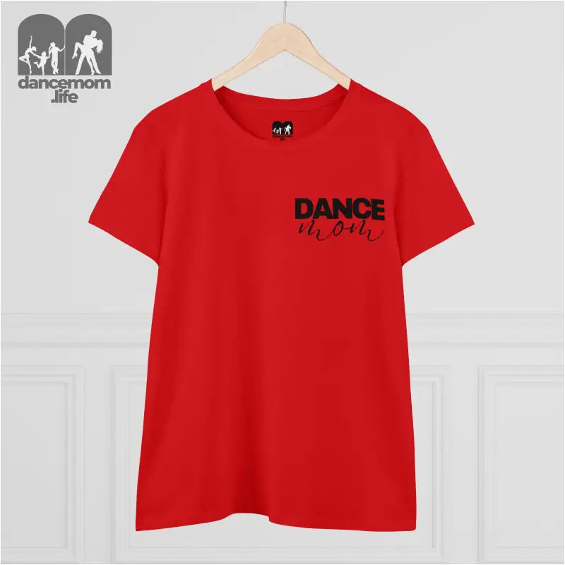 Red t-shirt with ’DANCE’ printed on the chest.