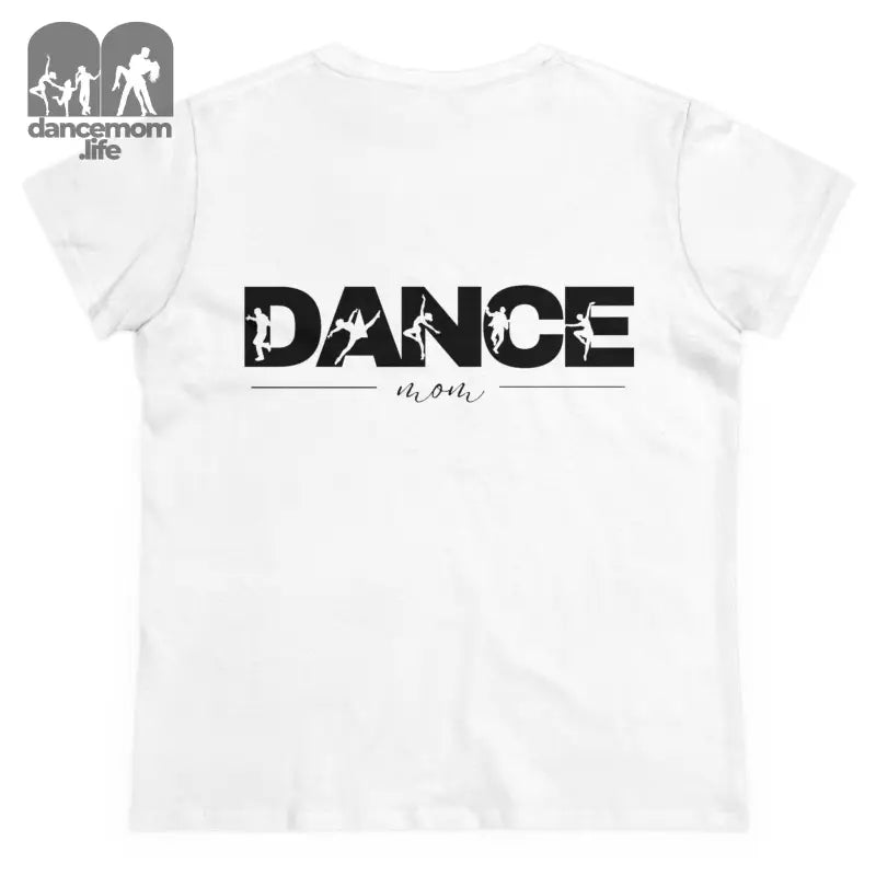 White t-shirt with ’DANCE’ text printed in black on it.