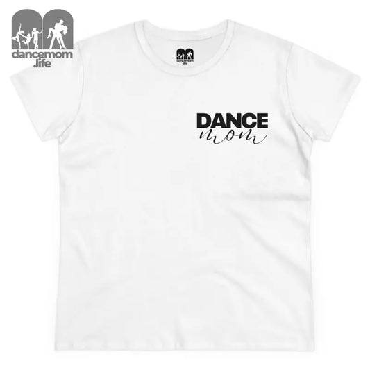 White t-shirt with ’DANCE’ text printed in black on the front.