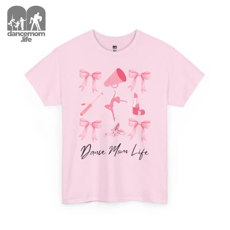 Pink t-shirt featuring ballet-themed designs with bows and dancers and ’Dance Mom Life’ text.