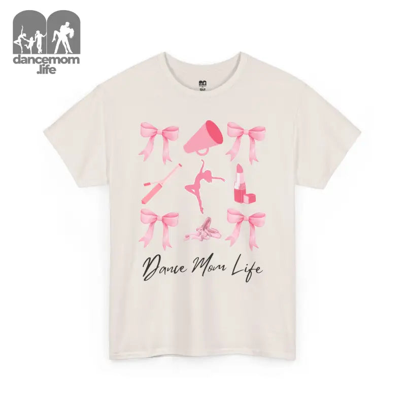 White t-shirt featuring pink ballet-themed graphics and ’Dance Mom Life’ text.