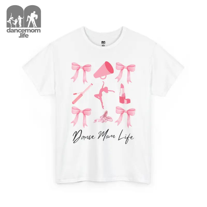 White t-shirt featuring pink cheerleading-themed graphics and ’Dance Mom Life’ text.