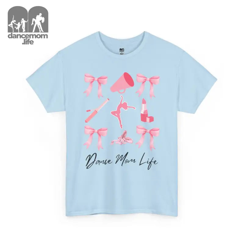 Light blue t-shirt with pink ballet-themed graphics and ’Dance More Life’ text.