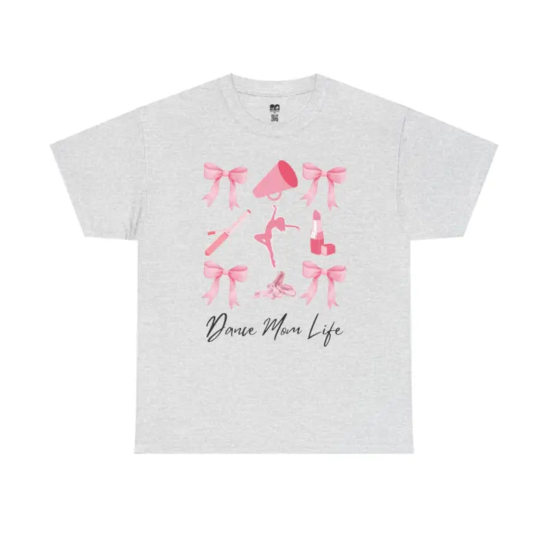 White t-shirt with pink ballet-themed graphics and ’Dance Mom Life’ text.