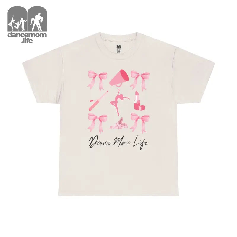 White t-shirt with pink ballet-themed graphics and ’Dance Mom Life’ text.