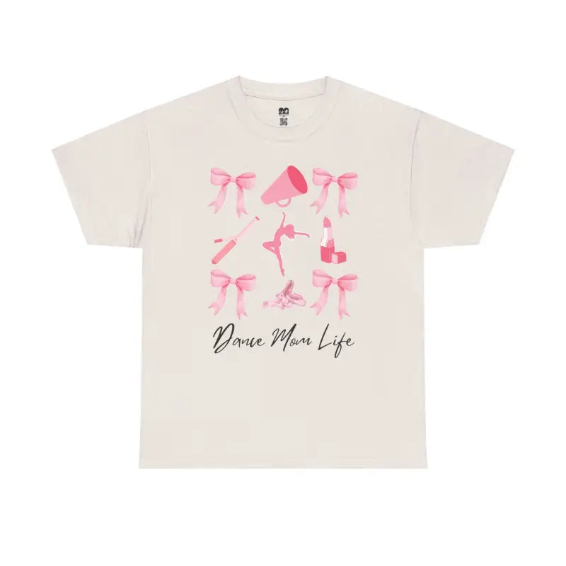 White t-shirt with pink ballet-themed graphics and ’Dance Mom Life’ text.