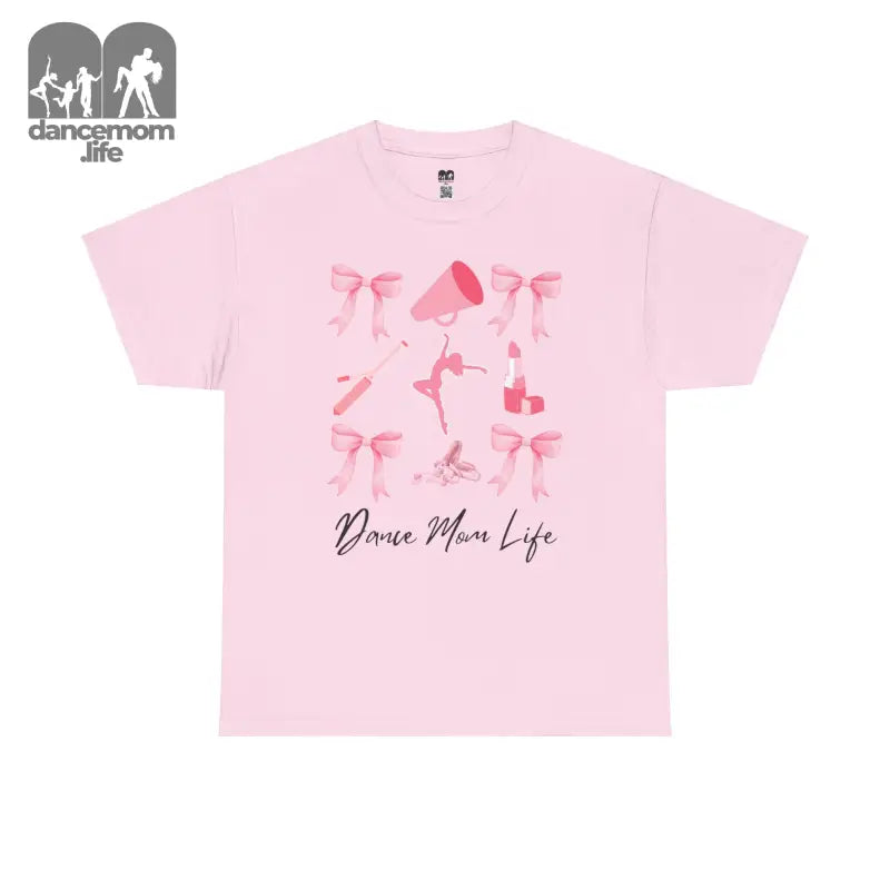 Pink t-shirt with ballet-themed graphics and ’Dance Mom Life’ text.