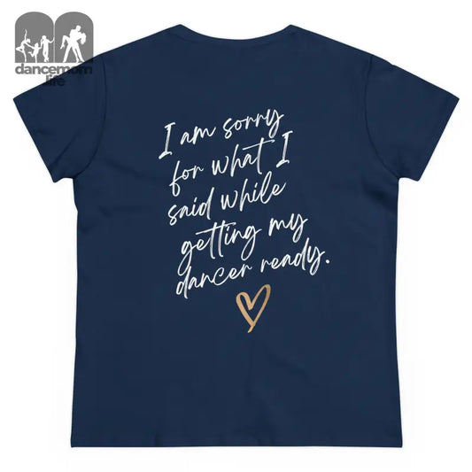 Navy blue t-shirt with white handwritten-style text and a small gold heart on the back.