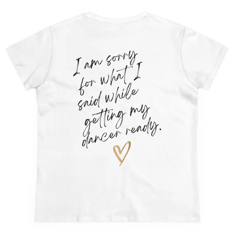 White t-shirt with handwritten-style text and a heart design on the back.