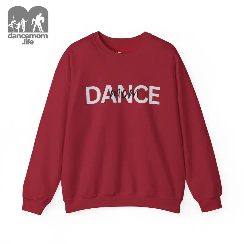 Red sweatshirt with ’DANCE’ text printed in gray letters.