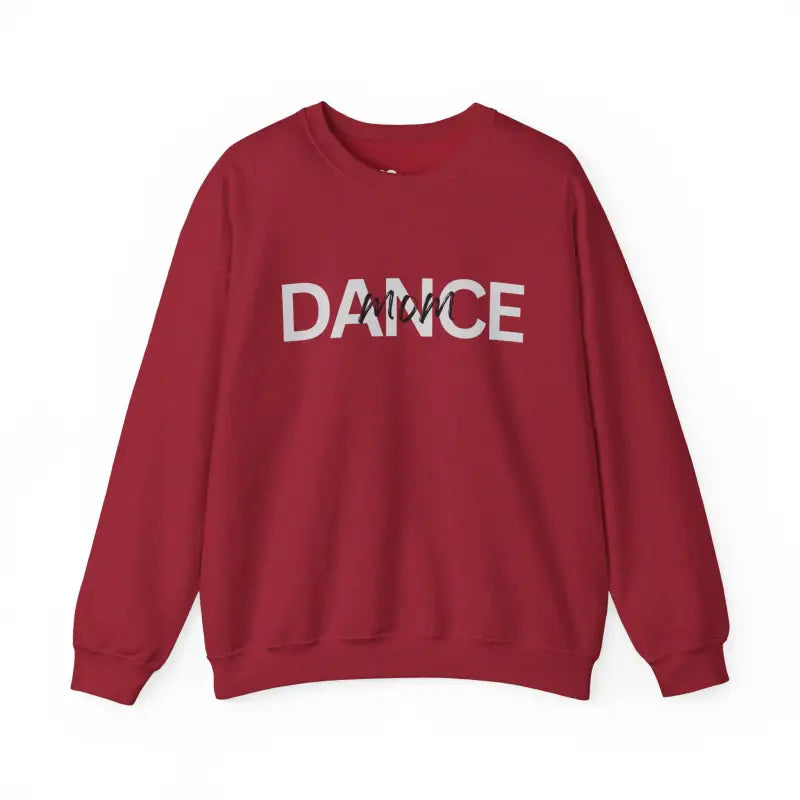 Red sweatshirt with ’DANCE’ text printed in gray letters.