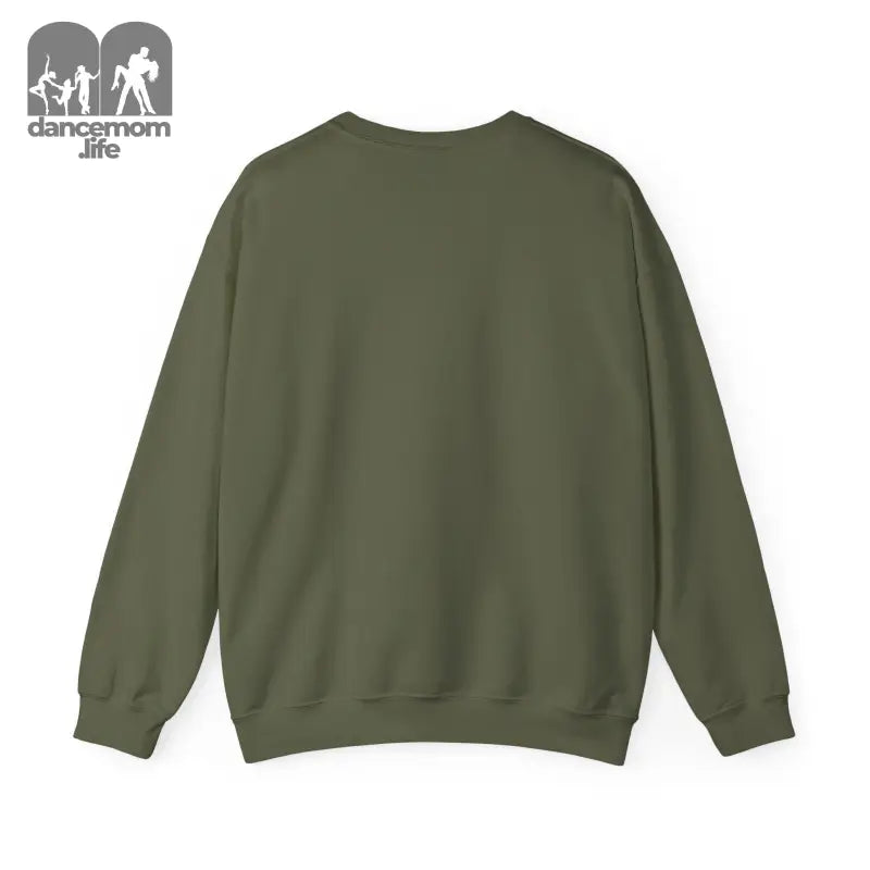 Olive green crewneck sweatshirt with ribbed cuffs and waistband.