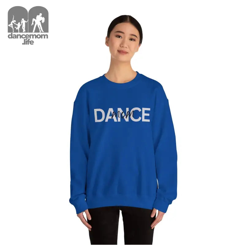 Royal blue crewneck sweatshirt with ’DANCE’ text printed on the front.