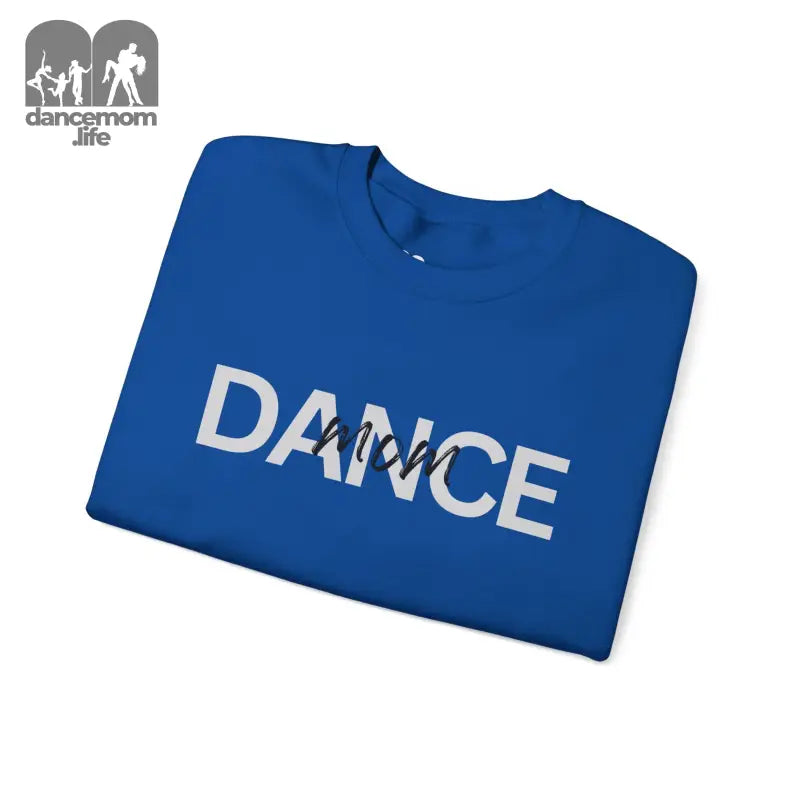 Royal blue sweatshirt with ’DANCE’ text featuring a dancer silhouette in the lettering.