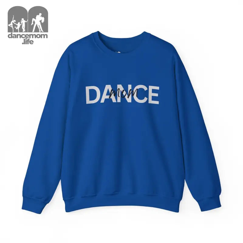 Royal blue sweatshirt with ’DANCE’ text printed across the front.