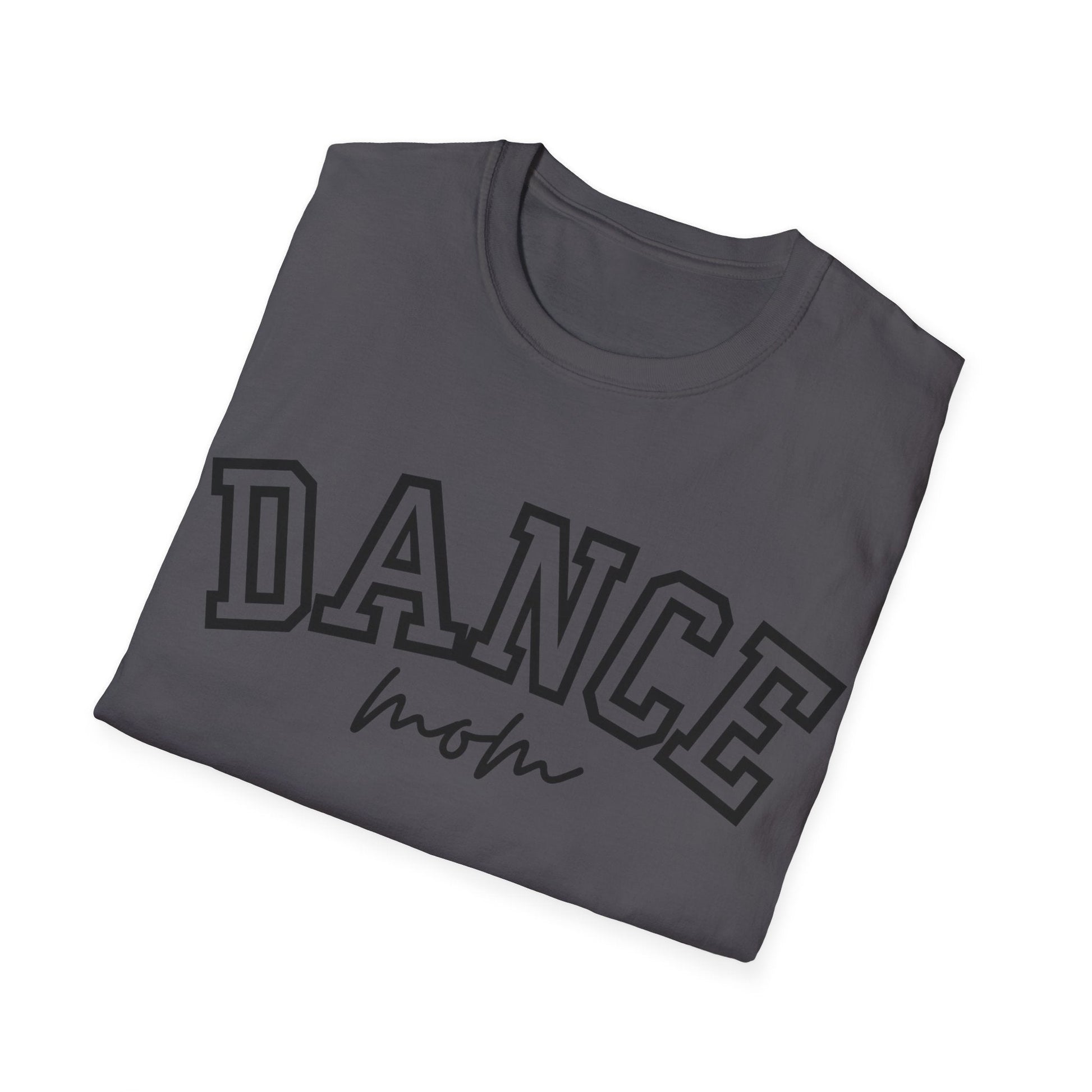 A dark gray crewneck t-shirt featuring the word ’dance’ in bold, outlined letters above a cursive ’mom’.