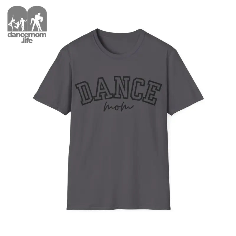 Gray t-shirt with ’DANCE’ text printed in black outline lettering.